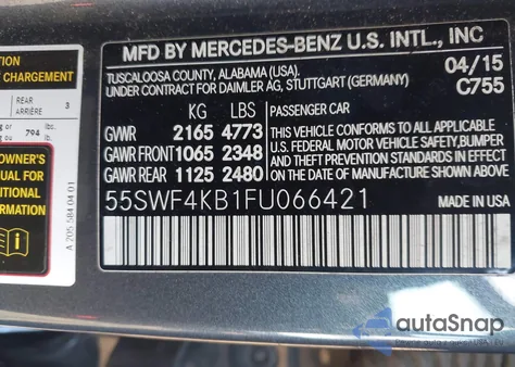 2015 Mercedes-Benz C 300 4Matic из США, поврежденный, VIN 55SWF4KB1FU066421